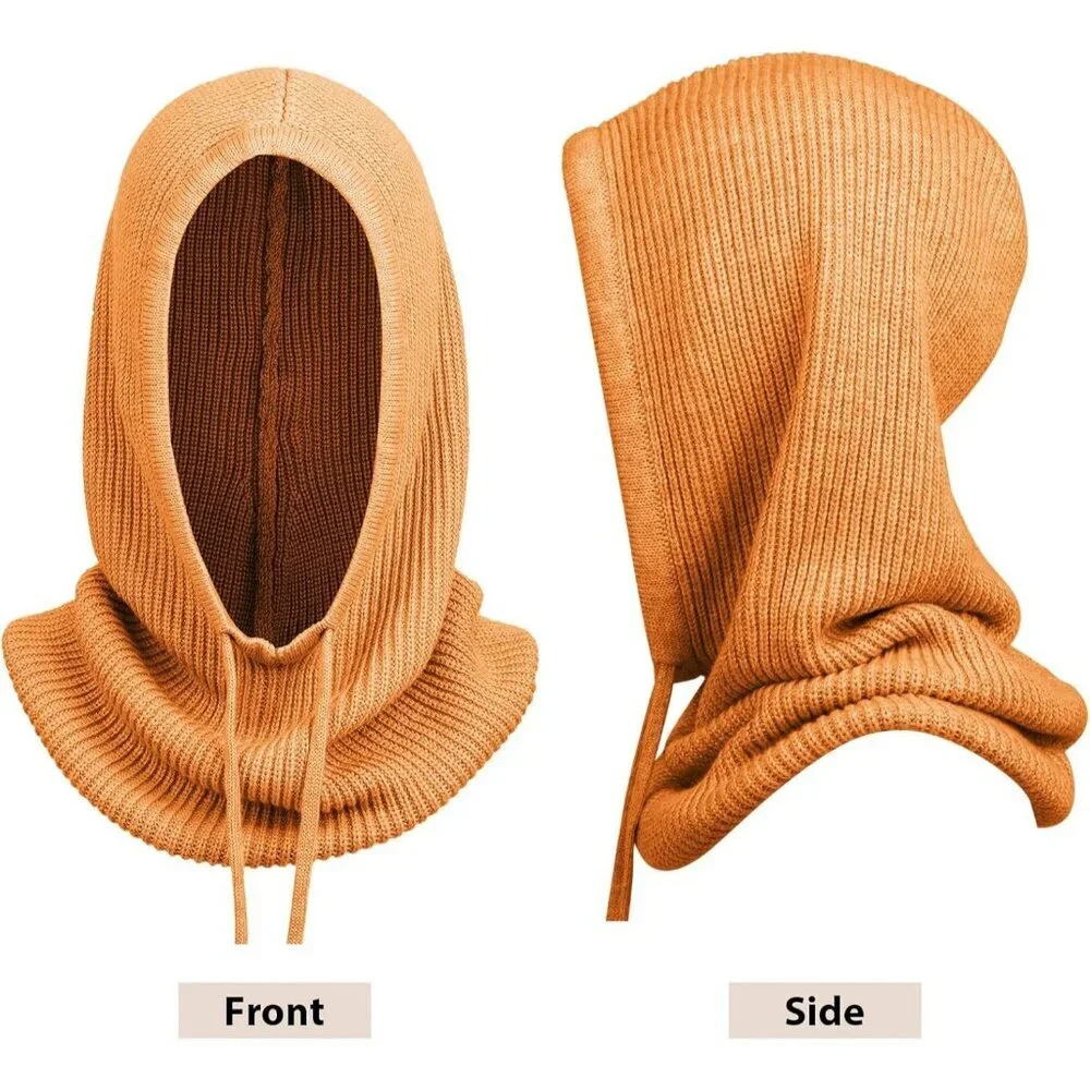 Women Scarf Hat Balaclava Beanie Skull Cap with Drawstring Warm Hat Orange - Picture 3 of 7